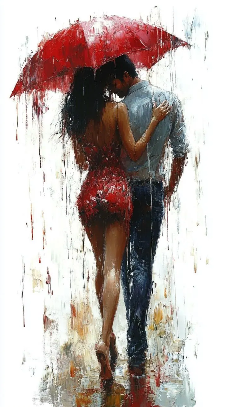 Couple walking under a red umbrella, painted with drips