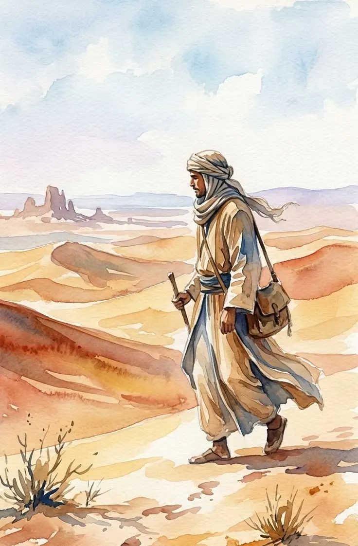 Traveller walking through desert dunes in watercolour