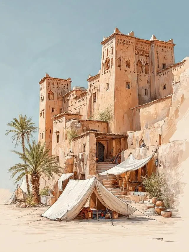 Desert kasbah with palm trees and tents in watercolour